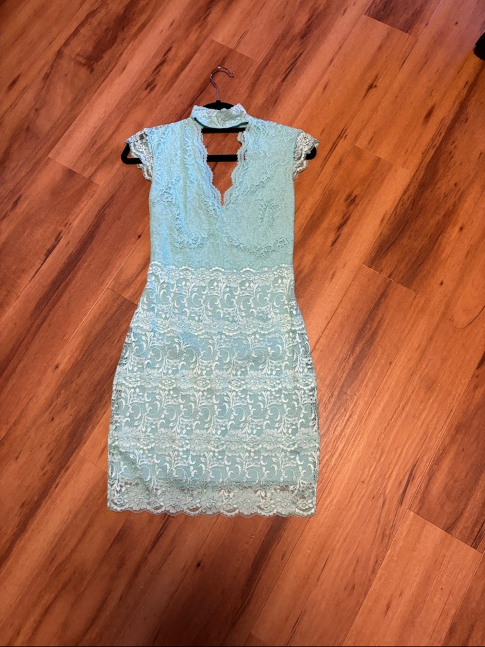 Lace Cap-Sleeve V-Neck Dress in Turquoise/ Aqua Color.